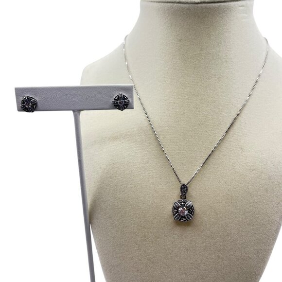 Sterling Silver CZ Marcasite Circle Pendant Necklace and Earrings Set Romantic - Picture 1 of 7